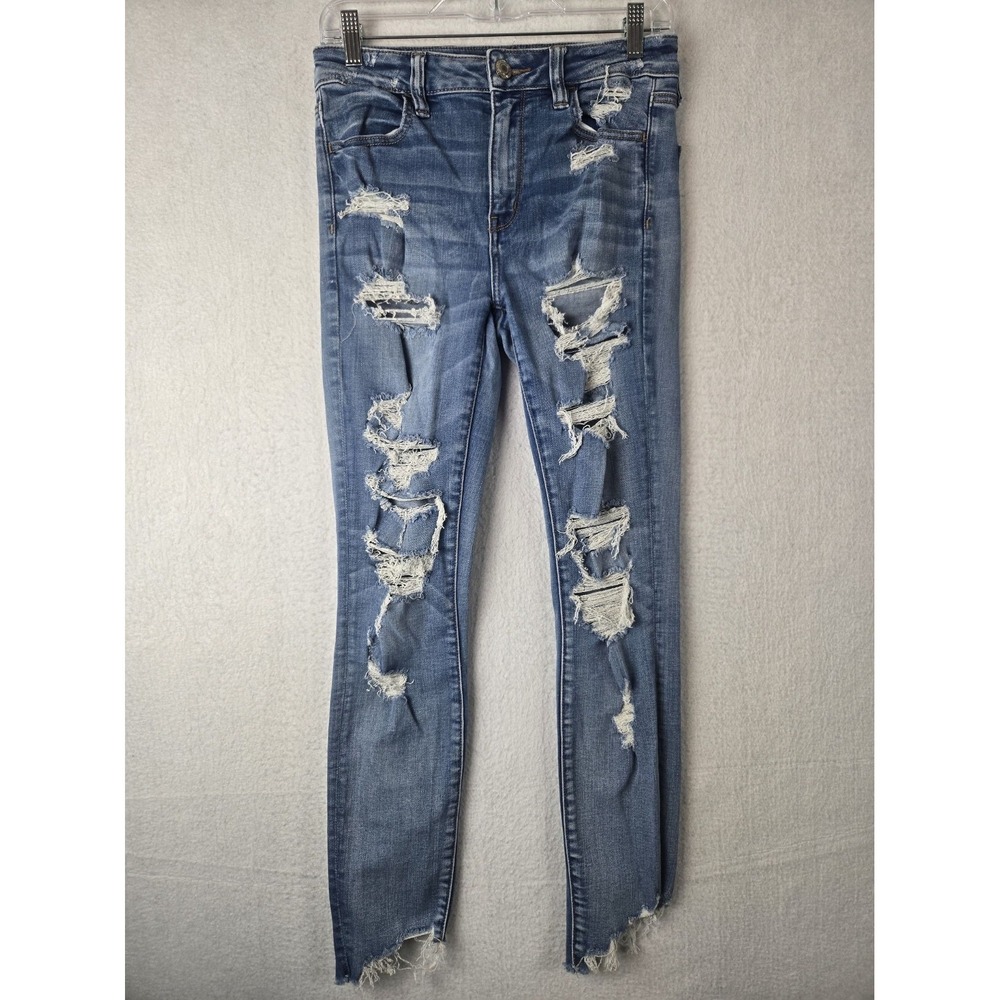 American Eagle Hi Rise Jegging Destroyed Denim Stretch Size‎ 8 Regular